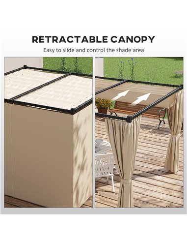 Outsunny 3 x 3(m) Retractable Pergola, Garden Gazebo Shelter with Curtains, for Grill, Patio, Deck, Beige 84C-441V00BG