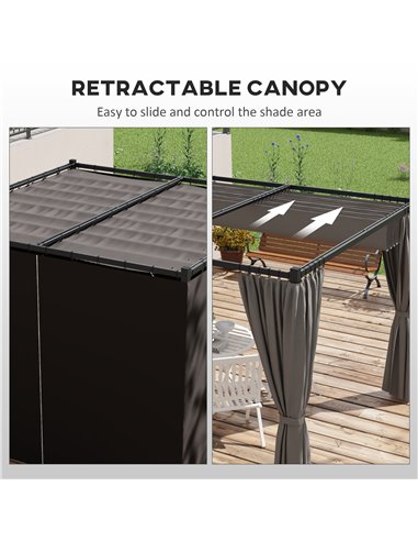 Outsunny 3 x 3(m) Retractable Pergola, Garden Gazebo Shelter with Curtains, for Grill, Patio, Deck, Light Grey 84C-441V00LG