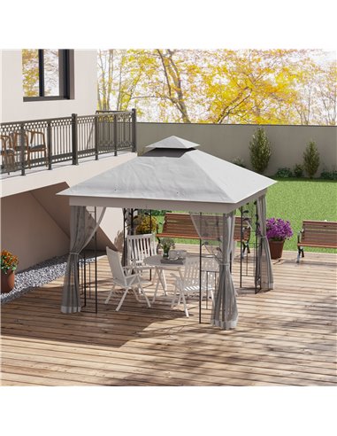 Outsunny 3(m) x 3(m)  Double Roof Outdoor Garden Gazebo Canopy Shelter with Netting, Solid Steel Frame, Light Grey 84C-100V00LG
