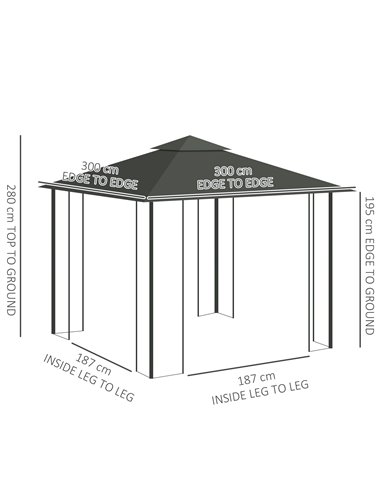 Outsunny 3(m) x 3(m)  Double Roof Outdoor Garden Gazebo Canopy Shelter with Netting, Solid Steel Frame, Light Grey 84C-100V00LG