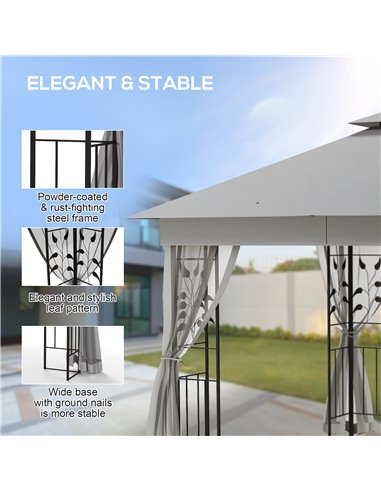 Outsunny 3(m) x 3(m)  Double Roof Outdoor Garden Gazebo Canopy Shelter with Netting, Solid Steel Frame, Light Grey 84C-100V00LG
