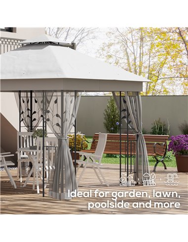 Outsunny 3(m) x 3(m)  Double Roof Outdoor Garden Gazebo Canopy Shelter with Netting, Solid Steel Frame, Light Grey 84C-100V00LG