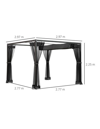 Outsunny 3 x 3 m Retractable Pergola, Garden Gazebo Shelter with Nettings, for Grill, Patio, Deck, Dark Grey 84C-482V01GY