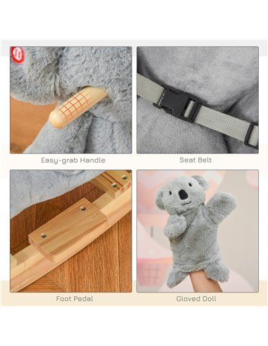 HOMCOM Kids Plush Ride-On Rocking Horse Koala-shaped Plush Toy Rocker with Gloved Doll Realistic Sounds for Child 18-36 Months G