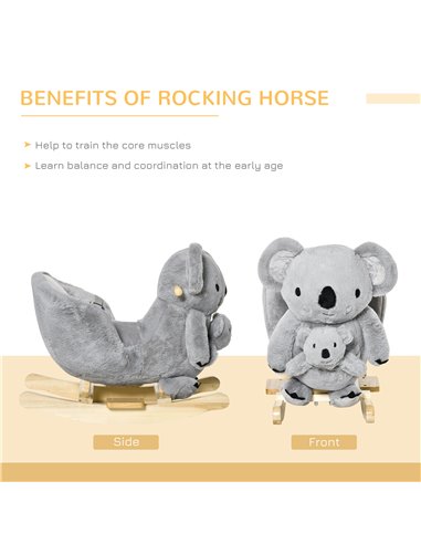 HOMCOM Kids Plush Ride-On Rocking Horse Koala-shaped Plush Toy Rocker with Gloved Doll Realistic Sounds for Child 18-36 Months G