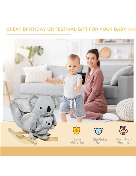 HOMCOM Kids Plush Ride-On Rocking Horse Koala-shaped Plush Toy Rocker with Gloved Doll Realistic Sounds for Child 18-36 Months G - pic 36846 | FastDaddyshop