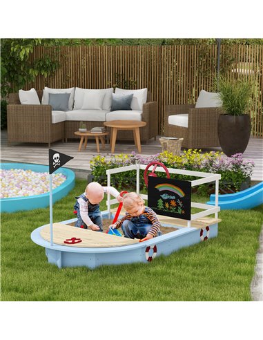 Outsunny Wooden Kids Sandbox Pirate Ship Design Blue 343-060V00BU