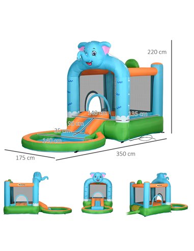 Outsunny 4 in 1 Elephant-Themed Inflatable Water Park, Kids Bouncy Castle, 346-009V70MX
