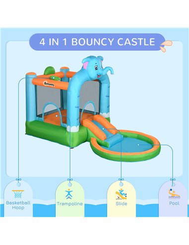 Outsunny 4 in 1 Elephant-Themed Inflatable Water Park, Kids Bouncy Castle, for Ages 3-8 Years - Multicoloured 346-009V70MX