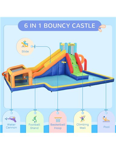 Outsunny 6 in 1 Bouncy Castle with Slide, Pool, Climbing Wall, Water Cannon, Basketball Hoop, Football Stand, for Ages 3-8 Years