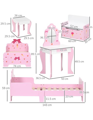 ZONEKIZ 4PCs Kids Bedroom Furniture Set, Princess Themed, Pink 313-P002