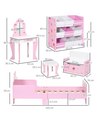 ZONEKIZ 5PCs Kids Bedroom Furniture Set, Princess Themed, for 3-6 Years Old, Pink 313-P003