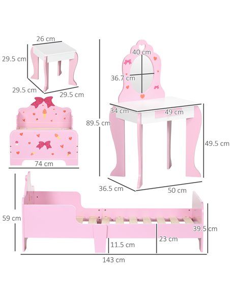 ZONEKIZ 3PCs Kids Bedroom Furniture Set with Bed, Dressing Table and Stool, Princess Themed, for 3-6 Years Old, Pink 313-P001 - pic 36986 | FastDaddyshop