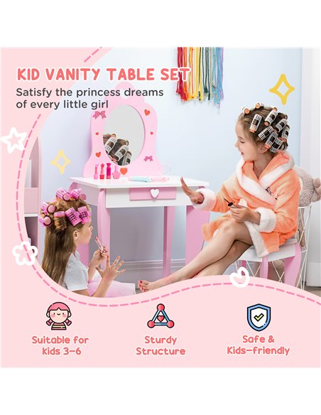 ZONEKIZ 3PCs Kids Bedroom Furniture Set with Bed, Dressing Table and Stool, Princess Themed, for 3-6 Years Old, Pink 313-P001 - pic 36987 | FastDaddyshop