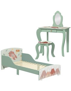 ZONEKIZ Toddler Bed Frame, Kids Dressing Table with Mirror and Stool, for Ages 3-6 Years, Green 313-P006
