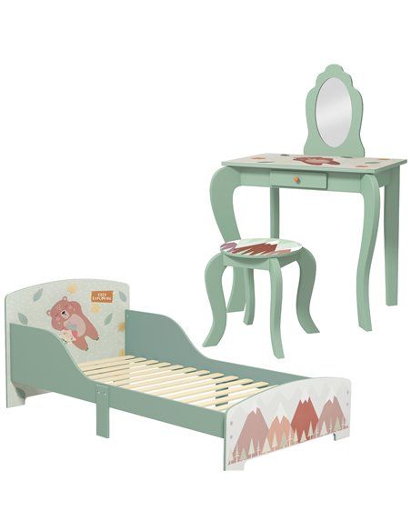ZONEKIZ Toddler Bed Frame, Kids Dressing Table with Mirror and Stool, for Ages 3-6 Years, Green 313-P006 - pic 36993 | FastDaddyshop