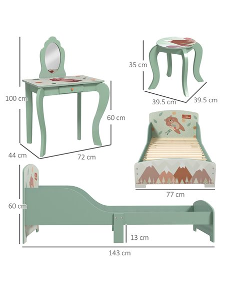 ZONEKIZ Toddler Bed Frame, Kids Dressing Table with Mirror and Stool, for Ages 3-6 Years, Green 313-P006 - pic 36995 | FastDaddyshop