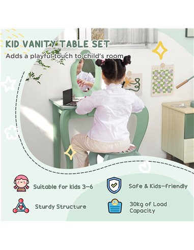 ZONEKIZ Toddler Bed Frame, Kids Dressing Table with Mirror and Stool, for Ages 3-6 Years, Green 313-P006