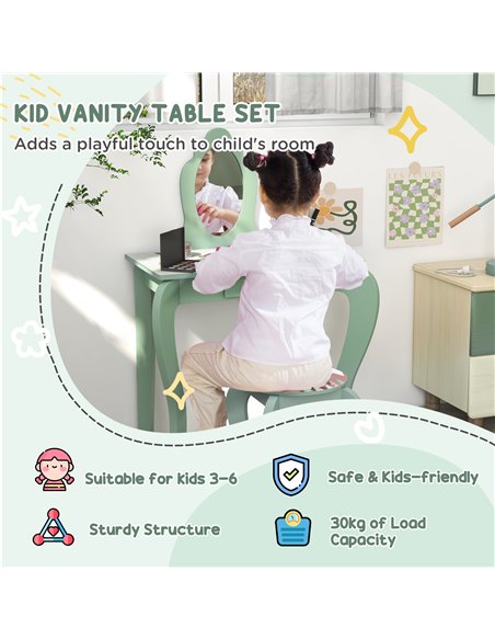 ZONEKIZ Toddler Bed Frame, Kids Dressing Table with Mirror and Stool, for Ages 3-6 Years, Green 313-P006 - pic 36997 | FastDaddyshop