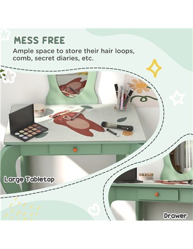 ZONEKIZ Toddler Bed Frame, Kids Dressing Table with Mirror and Stool, Cute Animal Design Kids Bedroom Furniture Set for Ages 3-6