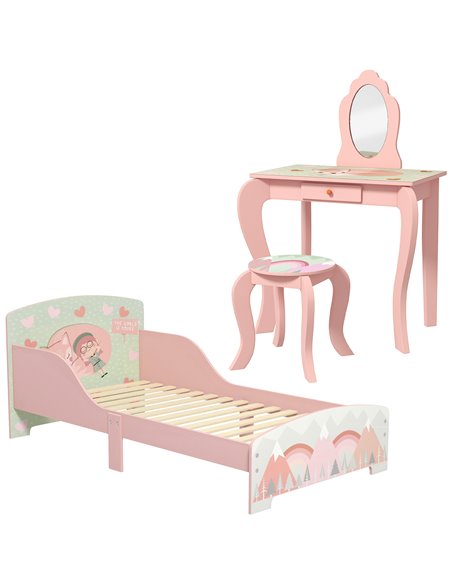 ZONEKIZ Toddler Bed Frame, Kids Dressing Table with Mirror and Stool, Pink 313-P007 - pic 37002 | FastDaddyshop