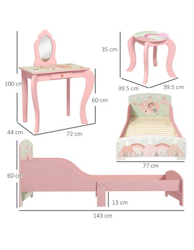 ZONEKIZ Toddler Bed Frame, Kids Dressing Table with Mirror and Stool, Pink 313-P007