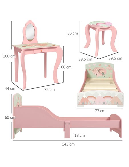 ZONEKIZ Toddler Bed Frame, Kids Dressing Table with Mirror and Stool, Pink 313-P007 - pic 37004 | FastDaddyshop