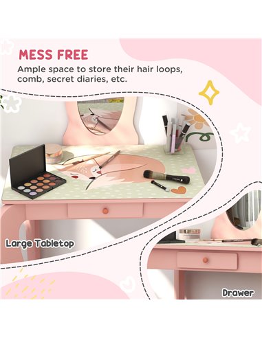 ZONEKIZ Toddler Bed Frame, Kids Dressing Table with Mirror and Stool, Cute Animal Design Kids Bedroom Furniture Set for Ages 3-6