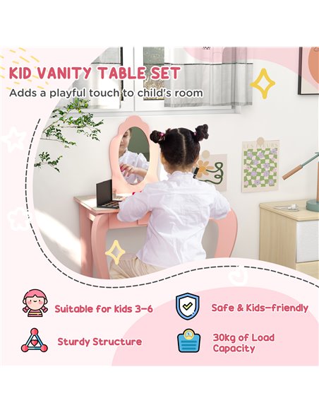 ZONEKIZ Kids Bedroom Furniture Set Includes Bed Frame, Toy Chest, Dressing Table for Ages 3-6 Years, Pink 313-P009 - pic 37015 | FastDaddyshop