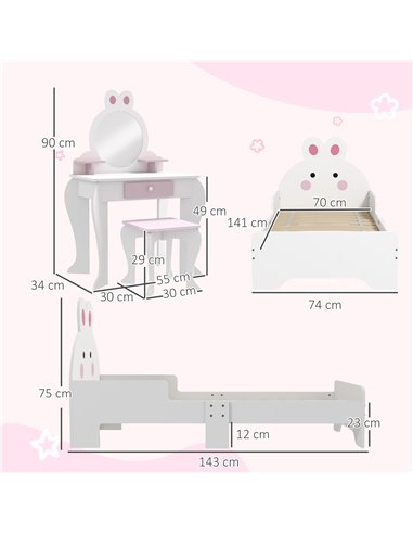 ZONEKIZ Wooden Kids Bedroom Furniture Set, Bunny-Design, White and pink 313-P012