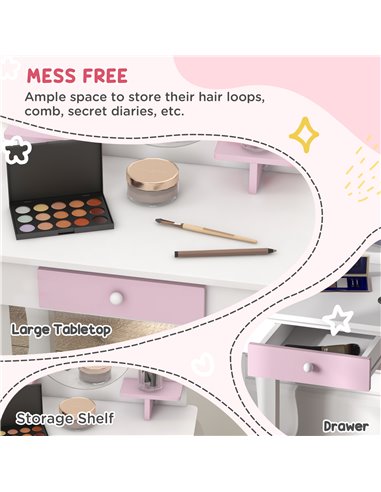 ZONEKIZ Wooden Kids Bedroom Furniture Set with Kids Dressing Table, Stool, Bed, for 3-6 Years, Bunny-Design 313-P012