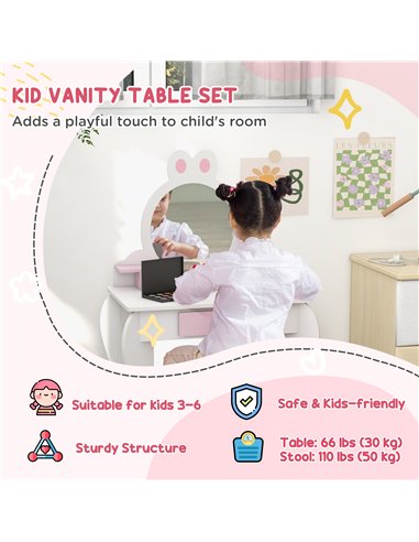 ZONEKIZ Wooden Kids Bedroom Furniture Set with Kids Dressing Table, Stool, Bed, for 3-6 Years, Bunny-Design 313-P012