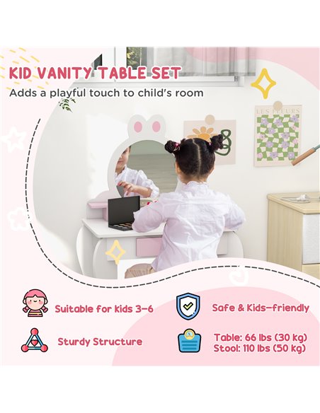 ZONEKIZ Wooden Kids Bedroom Furniture Set with Kids Dressing Table, Stool, Bed, for 3-6 Years, Bunny-Design 313-P012 - pic 37053 | FastDaddyshop