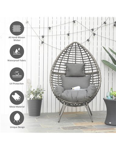 Outsunny Outdoor Indoor Rattan Egg Chair Wicker Weave Teardrop Chair with Cushion Grey 867-047V70GY