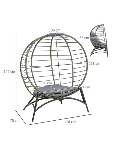 Outsunny Folding Rattan Egg Chair, Freestanding Basket Chair with Cushion, Grey 84G-057V71GY