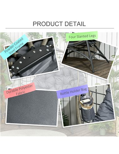 Outsunny Folding Rattan Egg Chair, Freestanding Basket Chair with Cushion, Bottle Holder Bag for Outdoor or Indoor, Grey and Bla