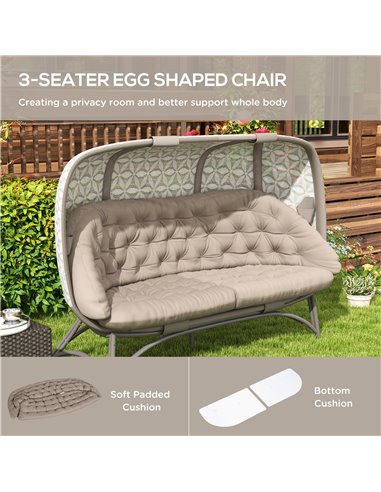 Outsunny Folding Outdoor Egg Chair, Hollow Design 3 Seater Garden Furniture Chair w/ Flower Pattern Bottle Holder Bags for Indoo