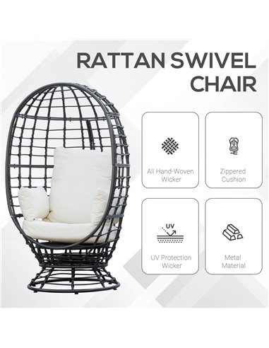 Outsunny Swivel Egg Chair, Rattan Outdoor Chair with Cushion and Pillow for Balcony, Garden, Patio, Black 867-088V71BK