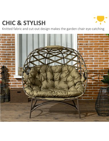 Outsunny 2 Seater Folding Weave Egg Chair Outdoor with Cushion, Khaki 84G-264V70KK