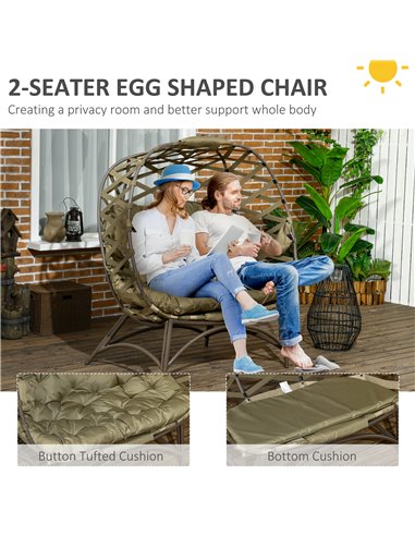 Outsunny 2 Seater Egg Chair Outdoor, Folding Weave Garden Furniture Chair with Cushion, Cup Pockets - Khaki 84G-264V70KK