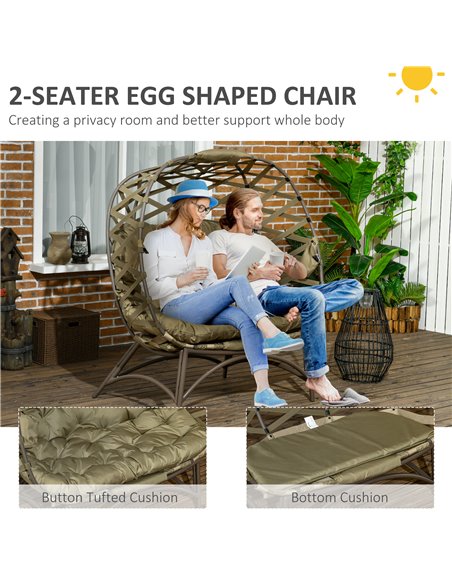 Outsunny 2 Seater Egg Chair Outdoor, Folding Weave Garden Furniture Chair with Cushion, Cup Pockets - Khaki 84G-264V70KK - pic 37132 | FastDaddyshop