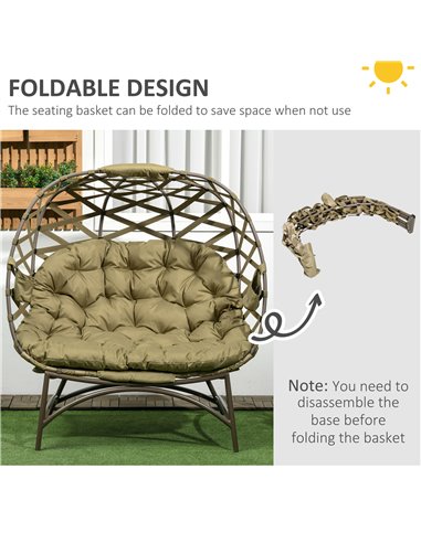 Outsunny 2 Seater Egg Chair Outdoor, Folding Weave Garden Furniture Chair with Cushion, Cup Pockets - Khaki 84G-264V70KK