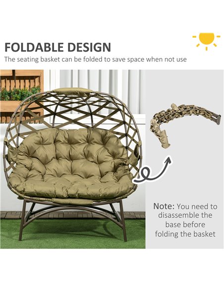 Outsunny 2 Seater Egg Chair Outdoor, Folding Weave Garden Furniture Chair with Cushion, Cup Pockets - Khaki 84G-264V70KK - pic 37133 | FastDaddyshop