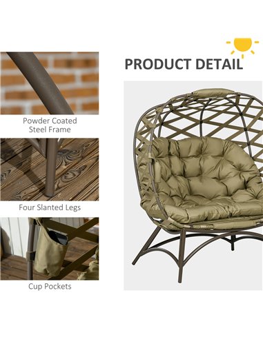 Outsunny 2 Seater Egg Chair Outdoor, Folding Weave Garden Furniture Chair with Cushion, Cup Pockets - Khaki 84G-264V70KK
