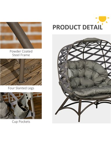 Outsunny 2 Seater Egg Chair Outdoor, Folding Weave Garden Furniture Chair with Cushion, Cup Pockets - Sand Brown 84G-264V70SD