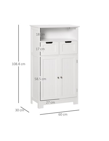 Kleankin Freestanding Bathroom Cabinet, Narrow Freestanding Unit, Storage Cupboard Organizer with 2 Drawer Adjustable Shelf, Whi