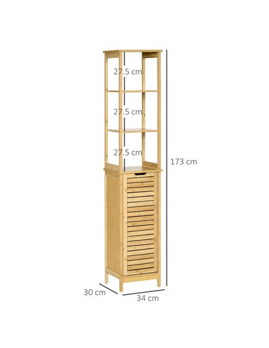 Kleankin Bathroom Floor Cabinet with 3 Shelves and Cupboard, Natural 834-408