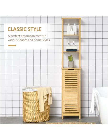 kleankin Bathroom Floor Cabinet with 3 Shelves and Cupboard, Slim and Freestanding Organiser, Tallboy with Storage, Natural 834- - pic 37249 | FastDaddyshop