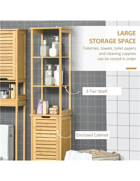 kleankin Bathroom Floor Cabinet with 3 Shelves and Cupboard, Slim and Freestanding Organiser, Tallboy with Storage, Natural 834- - pic 37250 | FastDaddyshop