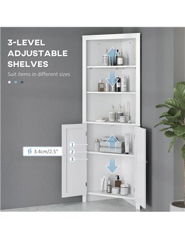 kleankin Triangle Bathroom Cabinet, Corner Bathroom Storage Unit with Cupboard and 3-Tier Shelves, Free Standing, White 834-434